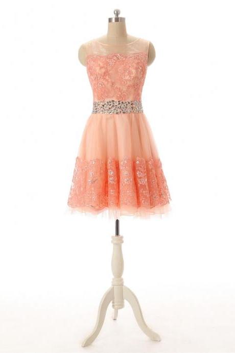 Crystal Strapless Coral Lace Applique Short Homecoming Dress With Sheer Neck