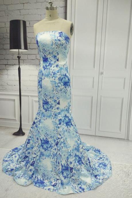 Long Elegant Strapless Mermaid Prom Dresses With High Neck ,print Floral Evening Dress