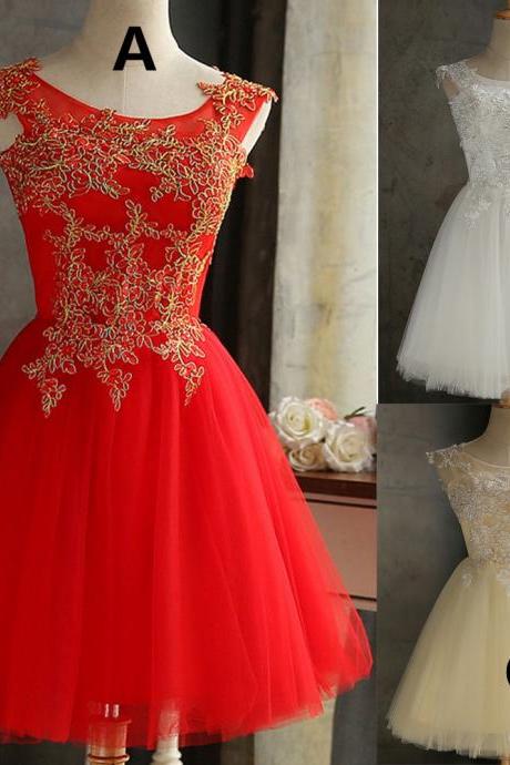 Short Red Bridesmaid Dress,Short A Line Lace Applique Champagne Bridesmaid Dresses,Elegant Short Cheap Prom Dresses Party Evening Gown