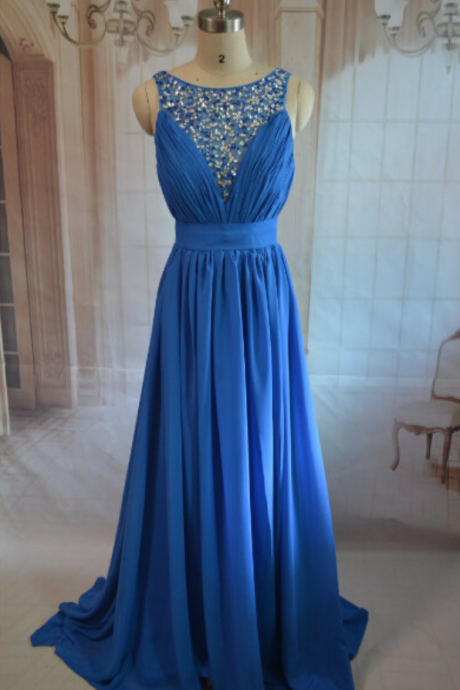 Sexy Blue A Line Prom Dresses Chiffon Beaded Evening Gowns