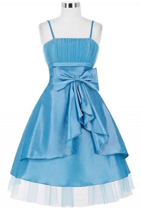 Spaghetti Straps Blue Homecoming Dresses With Bow,Short Taffeta Prom Dresses 2017 
