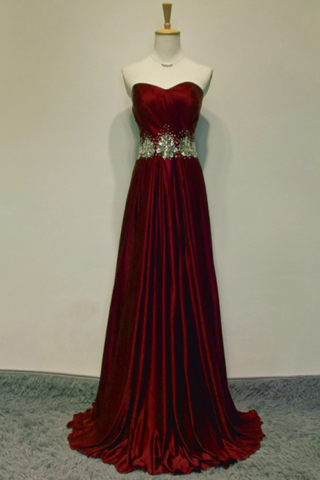 Sexy Burgundy Long Satin Prom Dresses Showcases Beaded Sweetheart Neckline,sexy Evening Gowns,formal Dresses