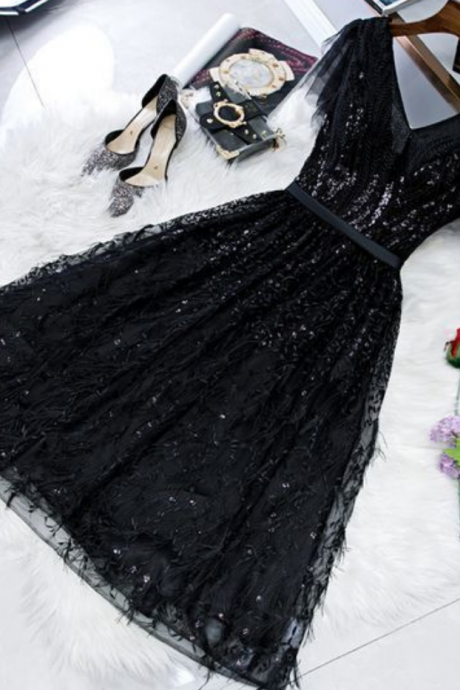 Black V Neck Sequins Short Prom Dress Party Dress