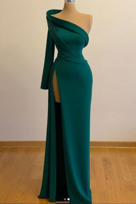 One Shoulder Long Sleeves Evening Gowns With Slit Formal Occasion Pageant Dress