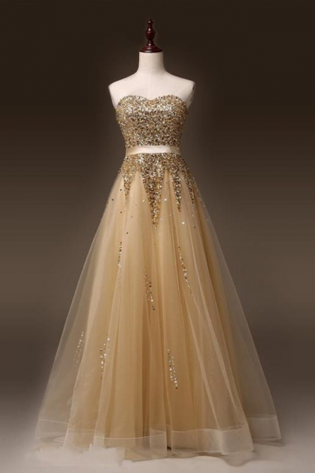 Tulle Sweetheart Champagne Prom Dressses With Gold Stones ,2016 Long Elegant Evening Gowns