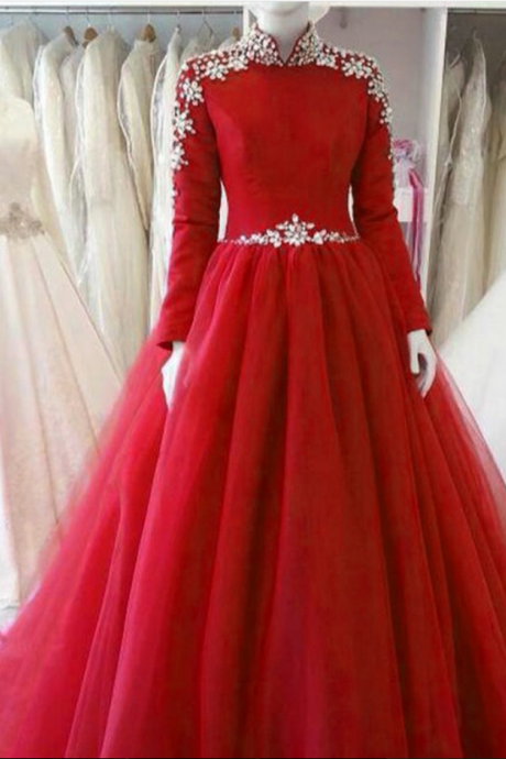 Long Sleeve Red Tulle Bridesmaid Dress,floor Length Ball Gown Hiigh Neck Bridesmaid Dresses, Long Elegant Prom Dresses Party Evening Gown