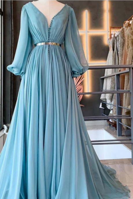 Blue Prom Dresses Long Sleeve V Neck Chiffon A Line Elegant Prom Gown Vestido De Fiesta 2021