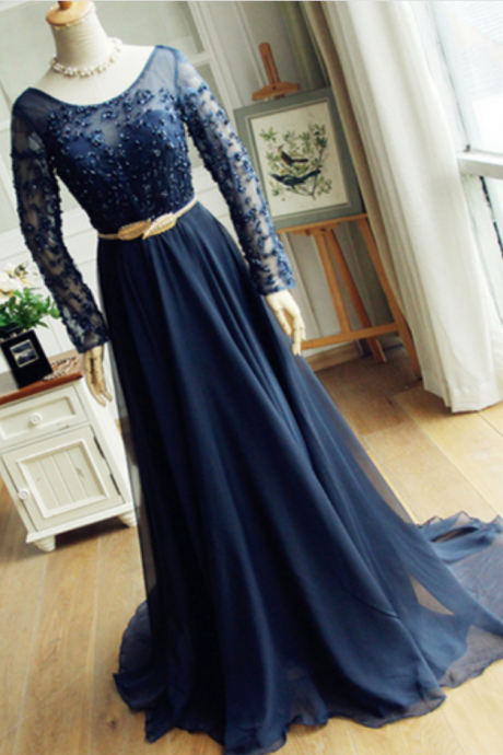 Navy Blue Scoop Neck Beaded Long Sleeves Winter Formal Prom Dress With Gold Belt