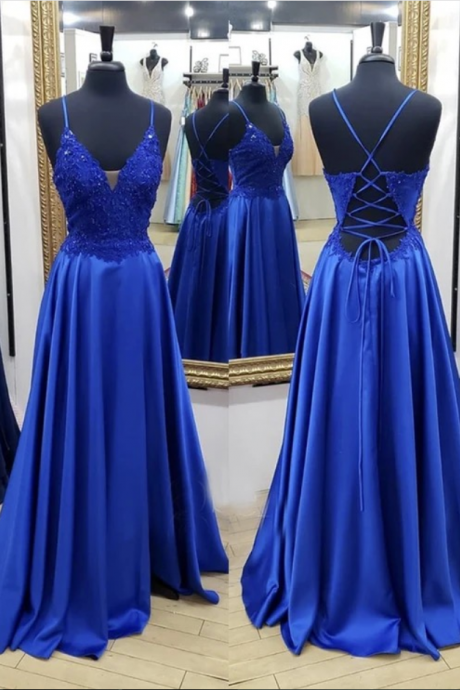 Royal Blue Satin Lace Long A Line Prom Dress, Women Party Dresses 2021