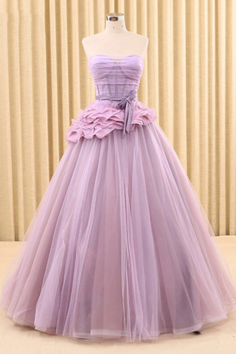 Design Lilac Tulle Strapless Long Prom Dress, Backless Long Bowknot Evening Dress