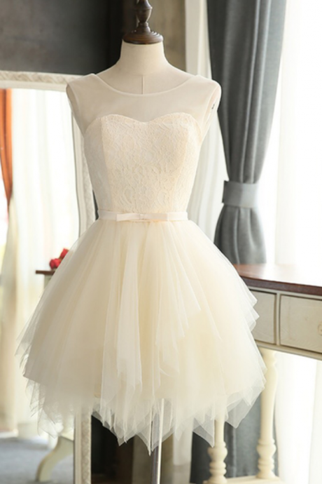 Ivory Tulle Short Lace Round Neck Prom Dress, Halter Bowknot Bridesmaid Dress