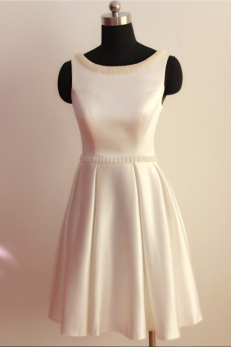 Pearl Embellished Satin Crew Neck Sleeveless Knee Length Wedding Guest Dress