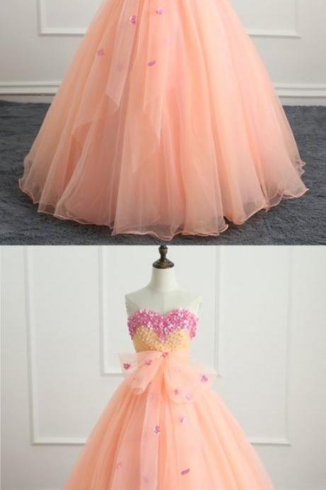 Cute Peach Pink Sweetheart Long Prom Dress For Teens, Party Dress With Applique