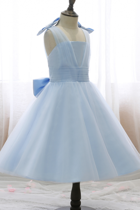Flower Girl Dresses, 2021 Spring Summer Girl Dress Sleeveless Bow Shoulder Fluffy Dress Girls Mesh Blue Wedding Children Princess Dress Banquet