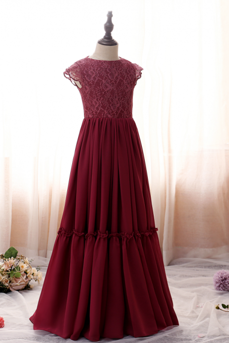 Flower Girl Dresses, Weddings Children Princess Ball Gowns Petal Sleeve Wine Red High-end Party Ceremony Dress Birthday Banquet Girls Clothes
