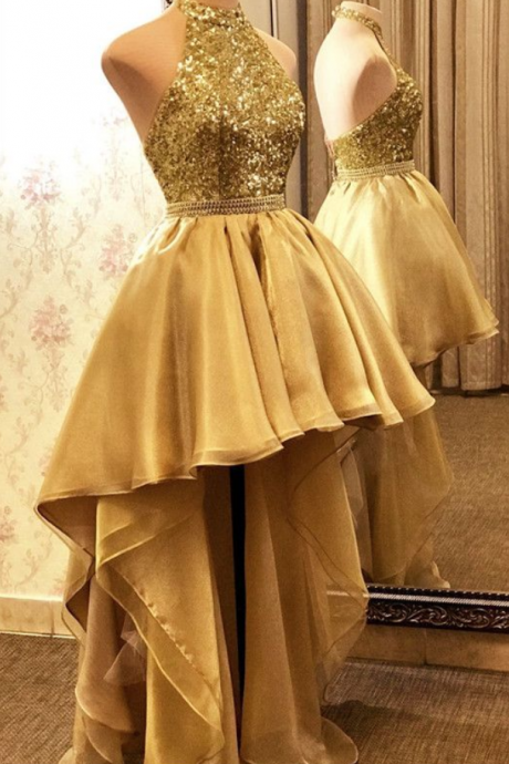 gold prom dresses, high front and low back evening dresses, sequins prom dresses, organza evening dresses, gold formal dresses, evening dresses,cheap formal dresses, evening dresses, sparkly evening dresses