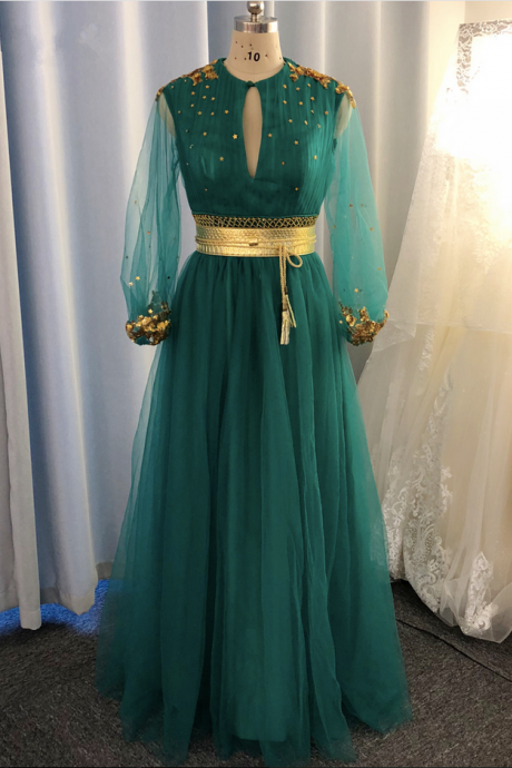 Blue Prom Dresses, Belt Prom Dresses, Tulle Prom Dress, Long Sleeve Prom Dress, Lace Prom Dresses, A Line Prom Dresses, 2020 Prom Dresses, Arabic