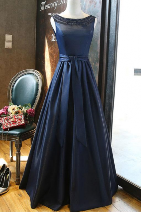 Dark Blue Satin Beading Long Prom Dress, Dark Blue Evening Dress
