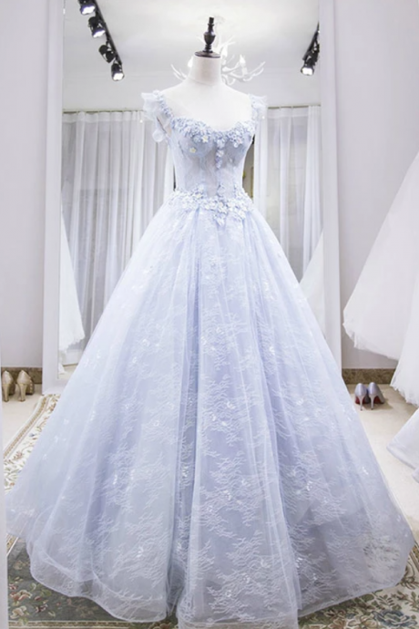 Tulle Lace Long Prom Dress, Blue Evening Dress