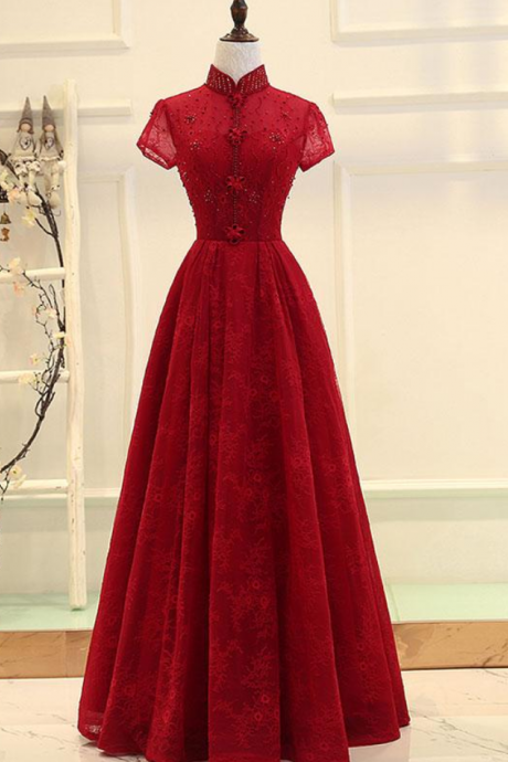 Burgundy High Low Lace Long Prom Dress, Burgundy Evening Dress