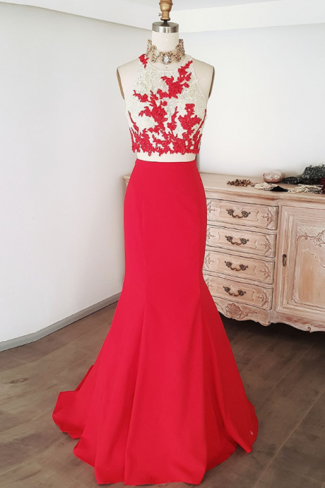 Red Two Pieces Lace Long Prom Dress Red Evening Dress