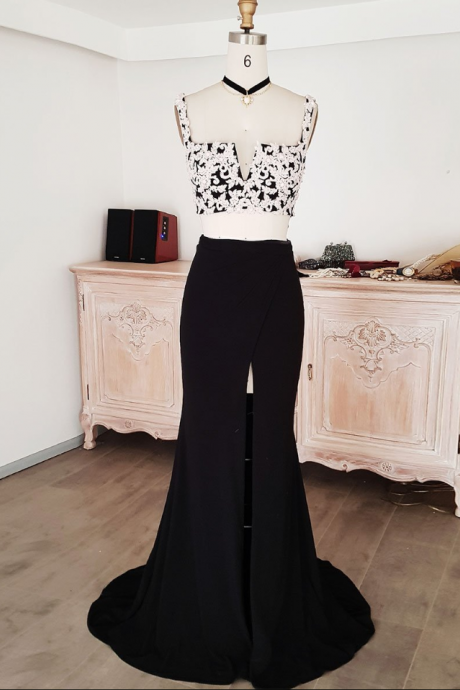 Black Lace Two Pieces Long Prom Dress Black Evening Dress
