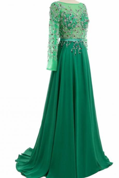 Open Back Long Sleeve Crystal Evening Gown Eevening Gown
