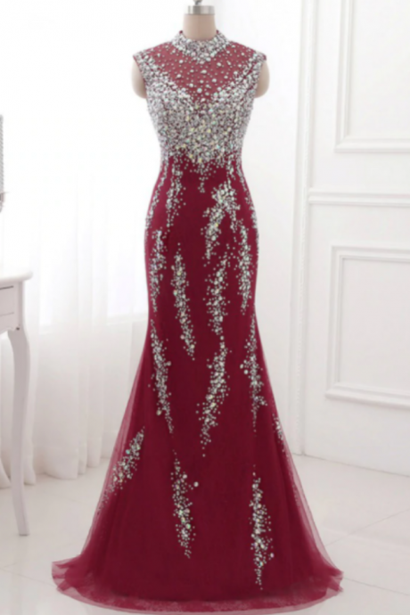 Evening Dresses Crystal Long Prom Dress Sexy Illusion
