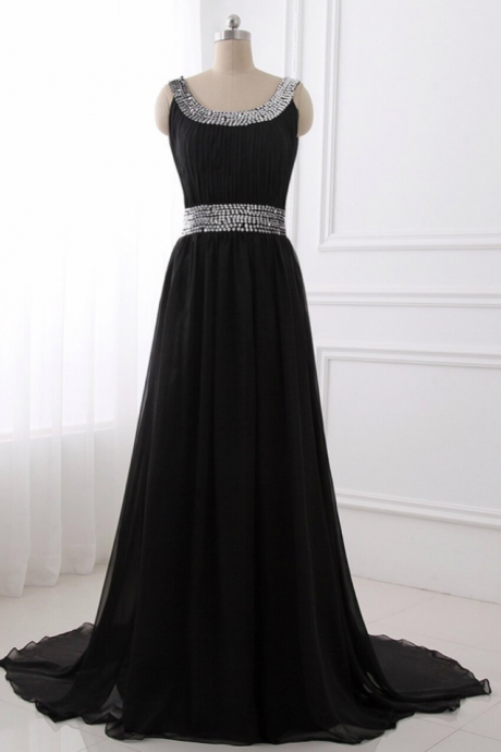 A Line Chiffon Scoop Neck Black Evening Dress Pleat Sequined Waist,