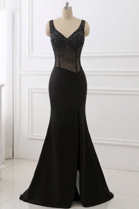 Black V-neck Beaded Prom Dresses Sleeveless Split