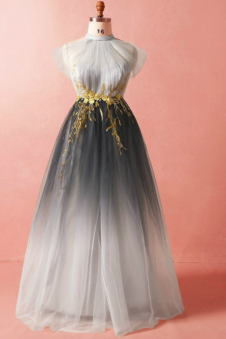 High Neck Tulle Appliques Prom Dress