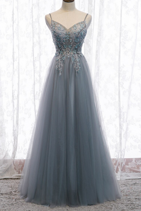 Tulle Spaghetti Straps Sequins Prom Dress