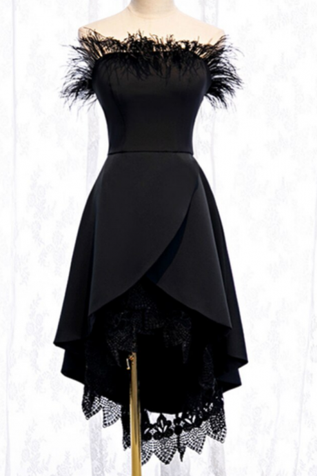 A-Line Black Satin Hi Lo Lace Of the Shoulder Prom Dress