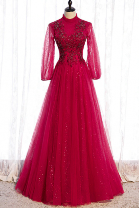 Burgundy Tulle Sequins Long Sleeve High Neck Beading Prom Dress