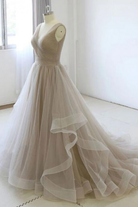 V-neckline Tulle Simple Wedding Party Dress, Long Evening Gown