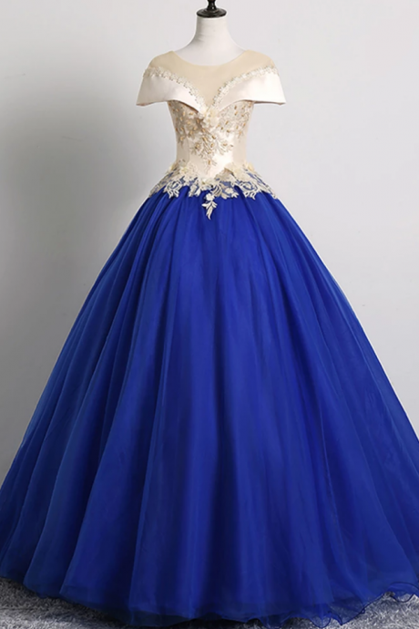 Tulle Lace Round Neck Cap Sleeve Long Prom Dress, Formal Dress