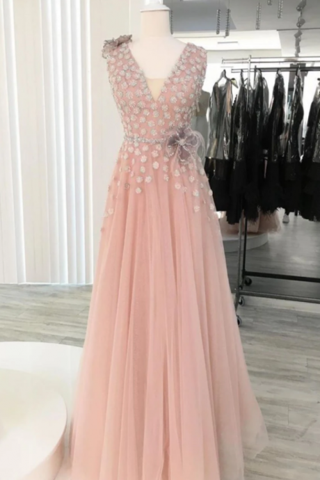 A-line V Neck Long Prom Dresses Tulle Evening Dress