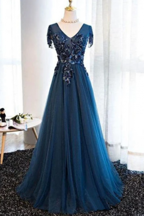 Tulle Long V Neck Cap Sleeve Evening Dress With Lace Applique