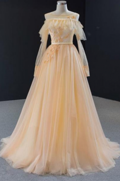 A-line Tulle Long Sleeve Prom Dress