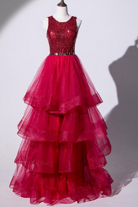 Long Prom Dress Layers Tulle With Sequins Long Evening Dress With Sash
