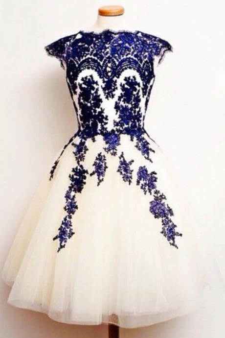 Lovely Short Tulle Round Neckline Knee Length with Blue Applique Prom Dress/Evening Dress Lace Applique Details, Short Prom Dresses, Prom Dresses 2016, Tulle Homecoming Dresses