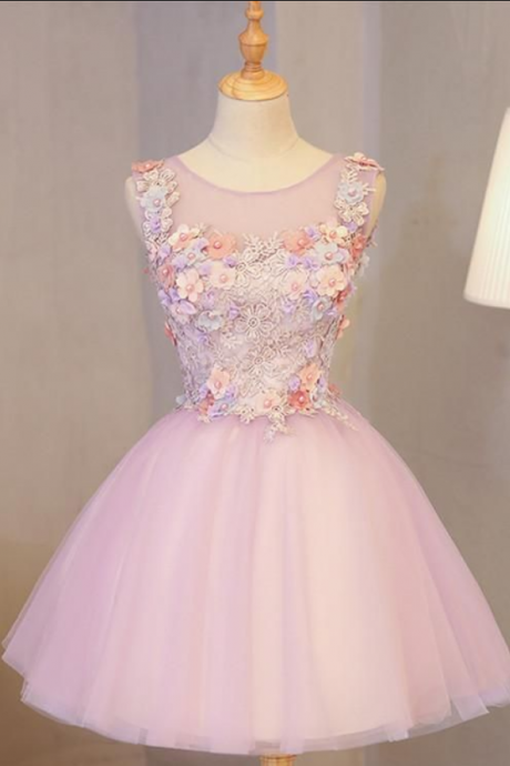Cute Pink Round Neckline Tulle Homecoming Dress With Flowers, Lovely Formal Dress