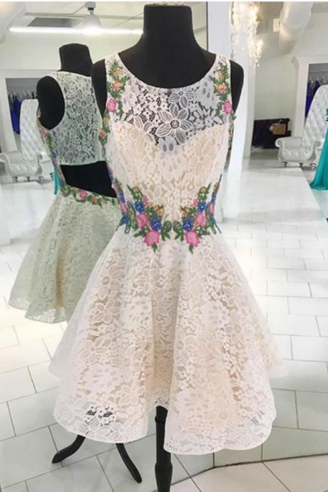 White Round Neck Lace Short Prom Dress, Lace Homecoming Dress