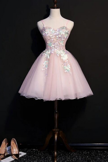 Light Pink Tulle Flowers Cute Straps Party Dress, Women Formal Dress 2019