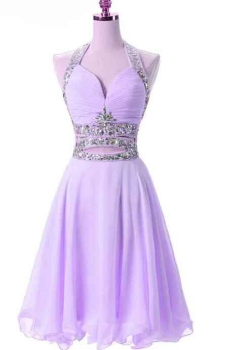 Beautiful Lilac Chiffon Halter Beaded Short Prom Dress, Homecoming Dresses For Party