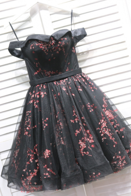 Black Floral Off Shoulder Homecoming Dress, Cute Party Dress 2019