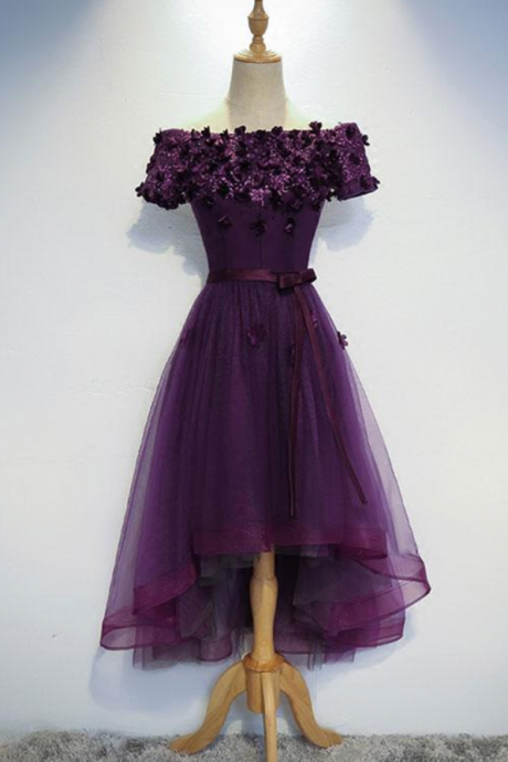 Dark Purple Flowers And Lace Tulle Party Dress, Homecoming Dresses