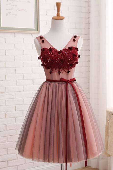Charming Red V-neckline Tulle Party Dress 2019, Formal Dresses 2019