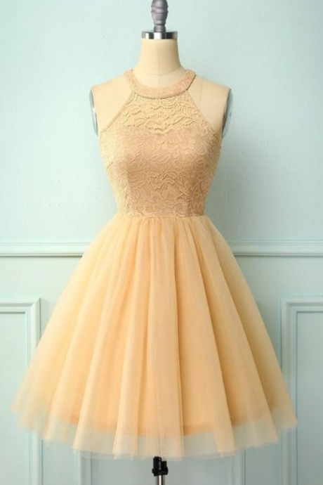 Halter Lace Champagne Homecoming Dress,