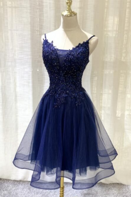 Navy Blue V-neckline Tulle Short Homecoming Dress, Lace Applique Short Party Dress